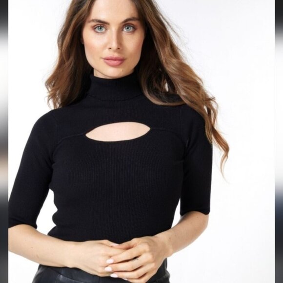 Zara Ribbed Body Con Knit Black Stretch Cyberpunk Cutout Turtleneck Top S - Picture 1 of 6